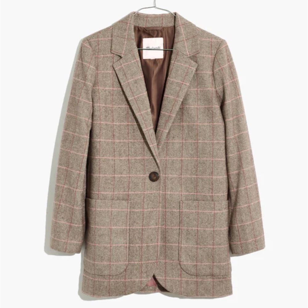 Madewell Larsen Oversized Plaid Blazer Size XS Brown Tan Pink Herringbone